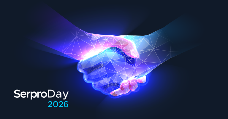 Duas mãos se cumprimentam em ilustração digital com efeitos luminosos em azul e rosa. No canto inferior esquerdo, lê-se “SerproDay 2026”. Duas mãos se cumprimentam em ilustração digital com efeitos luminosos em azul e rosa. No canto inferior esquerdo, lê-se “SerproDay 2026”.