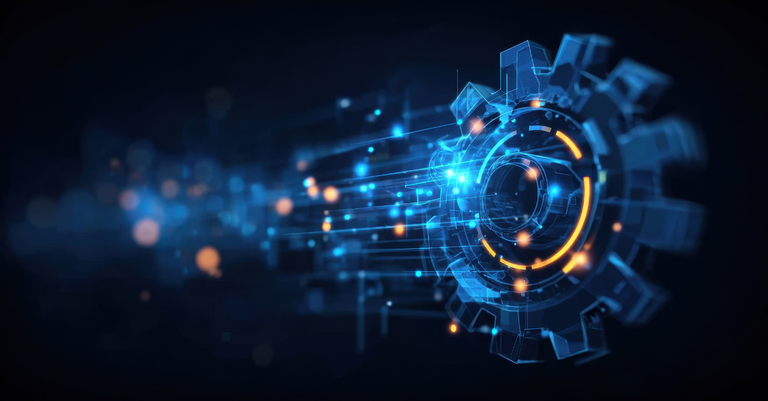 Ilustração de uma engrenagem holográfica que busca representar o conceito de engenharia de software Ilustração de uma engrenagem holográfica que busca representar o conceito de engenharia de software