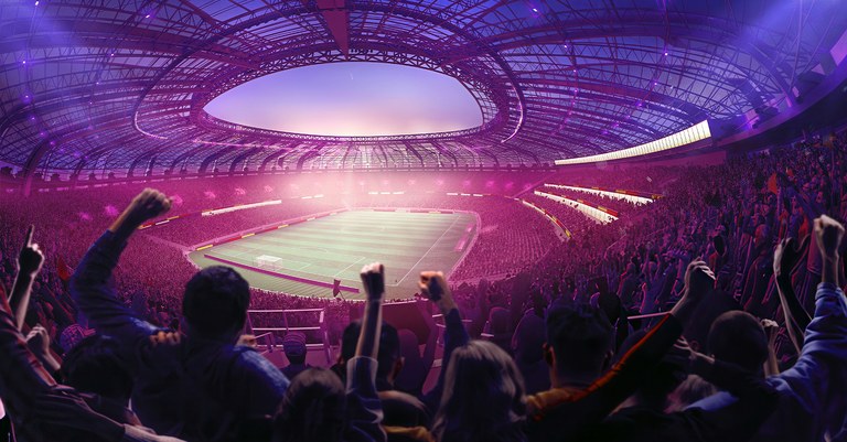 Imagem de um estádio de futebol lotado elaborada a partir do ponto de um torcedor na arquibancada